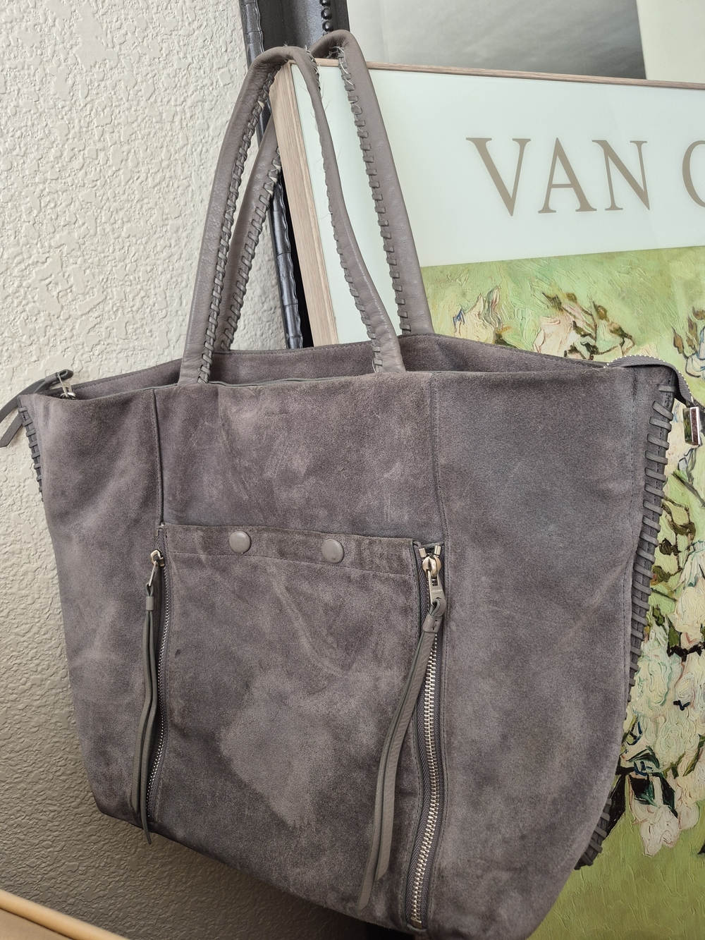 ALLSAINTS Gray Suede Tote with Front Zip Accents